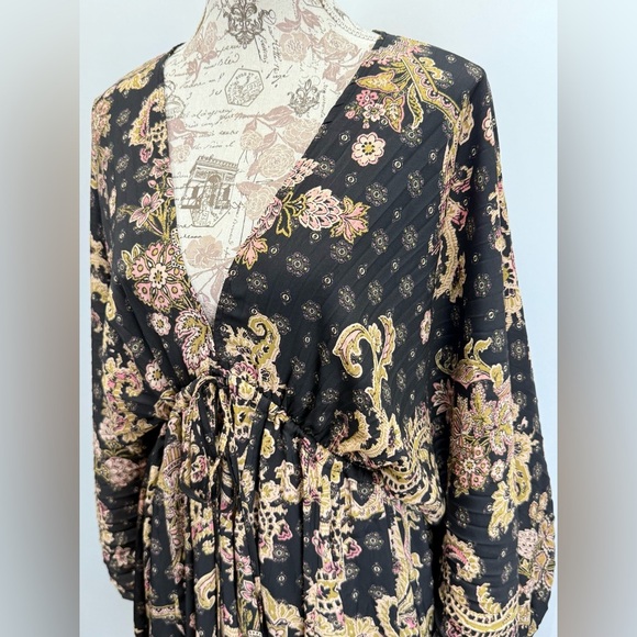 FREE PEOPLE Black and tan print ARZEL double V neckline mini dress size M - Picture 9 of 15